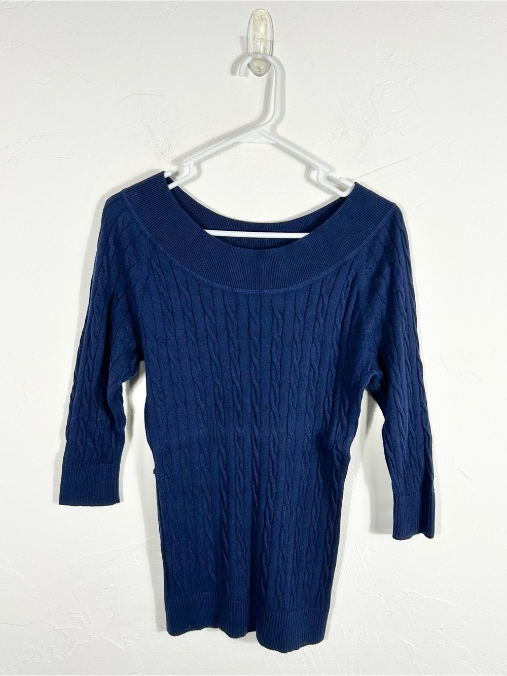 New York & Company Navy Blue Cable Knit Sweater Boatneck 3/4 Sleeve Size M